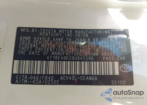 2009 Toyota Camry Le из США, поврежденный, VIN 4T1BE46K29U845296